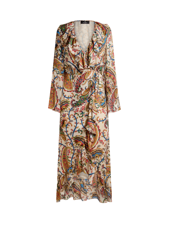 Etro, Abito Lungo A Portafoglio In Seta Peau D'ange Con Motivo Paisley Floreale, Donna, Bianco, Taglia 38