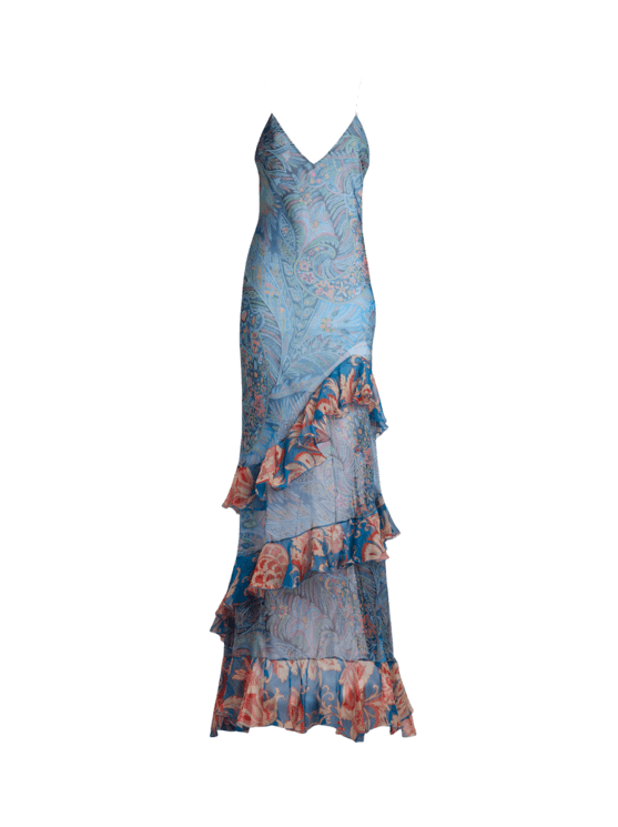 Etro, Abito Lungo In Seta Con Volant E Motivo Floreale, Donna, Azzurro, Taglia 46