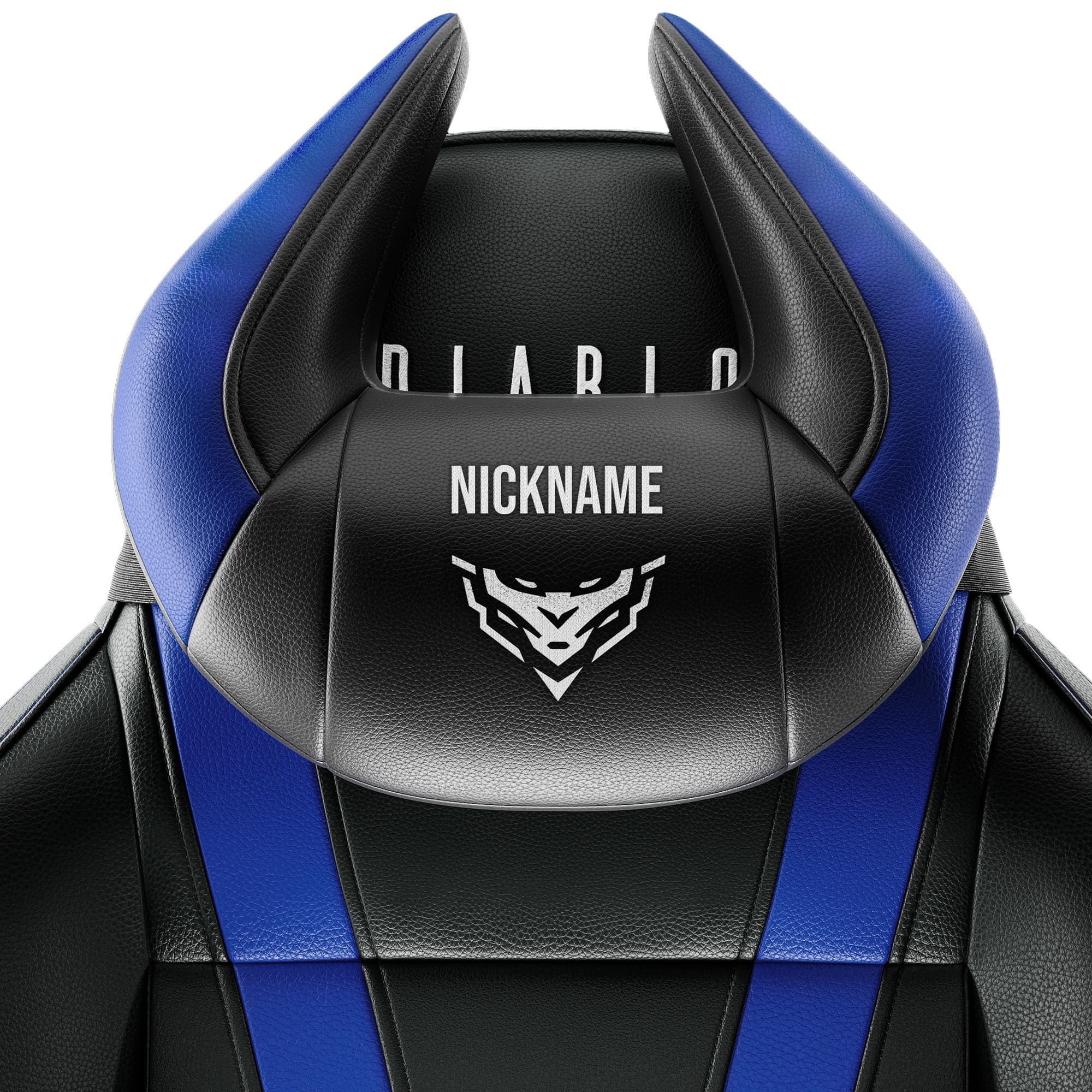 Cuscino poggiatesta Diablo Chairs X-Horn con ricamo personalizzato nero e blu