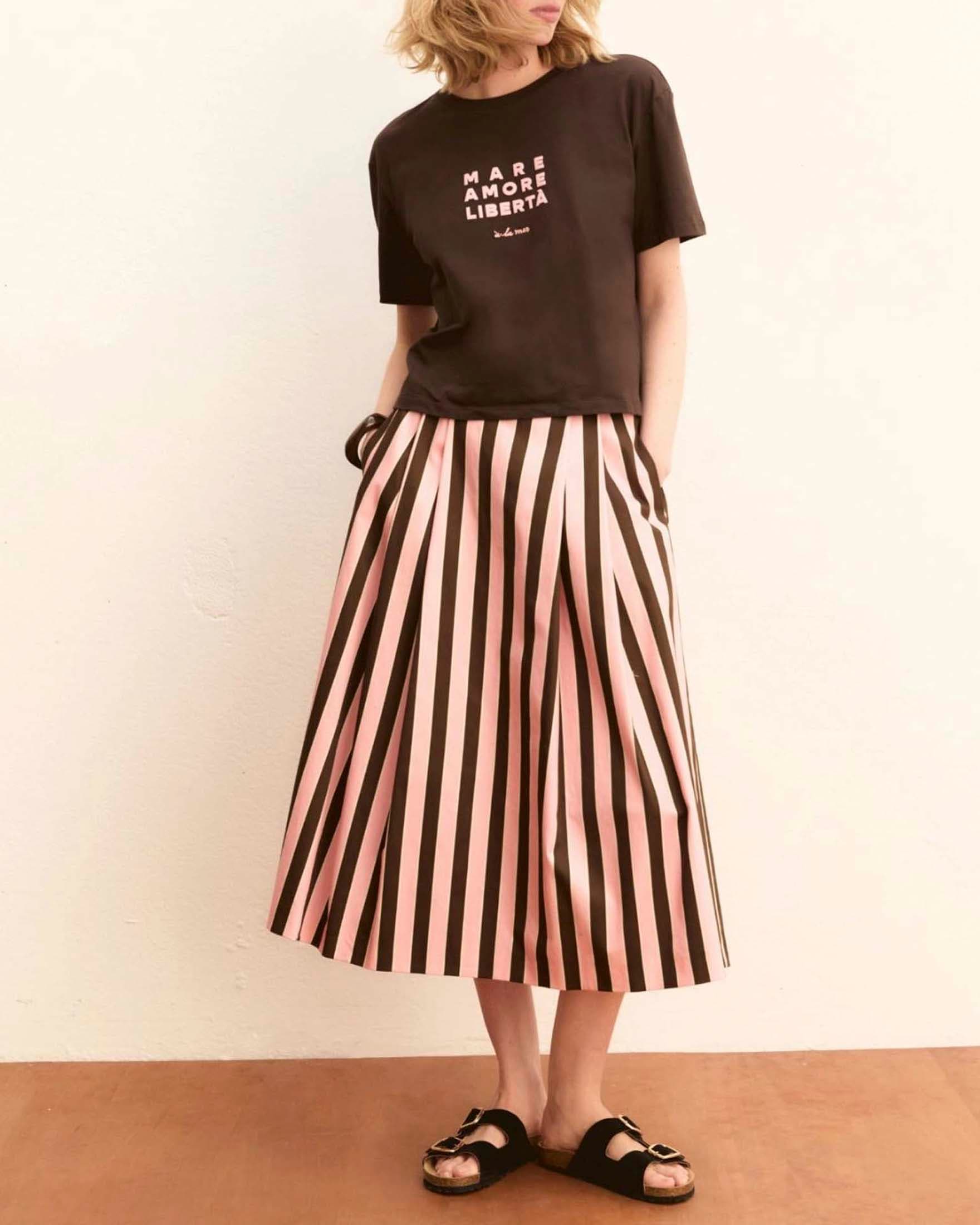 Gonna midi svasata Emme Marella a righe rosa e marron in raso di cotone stretch
