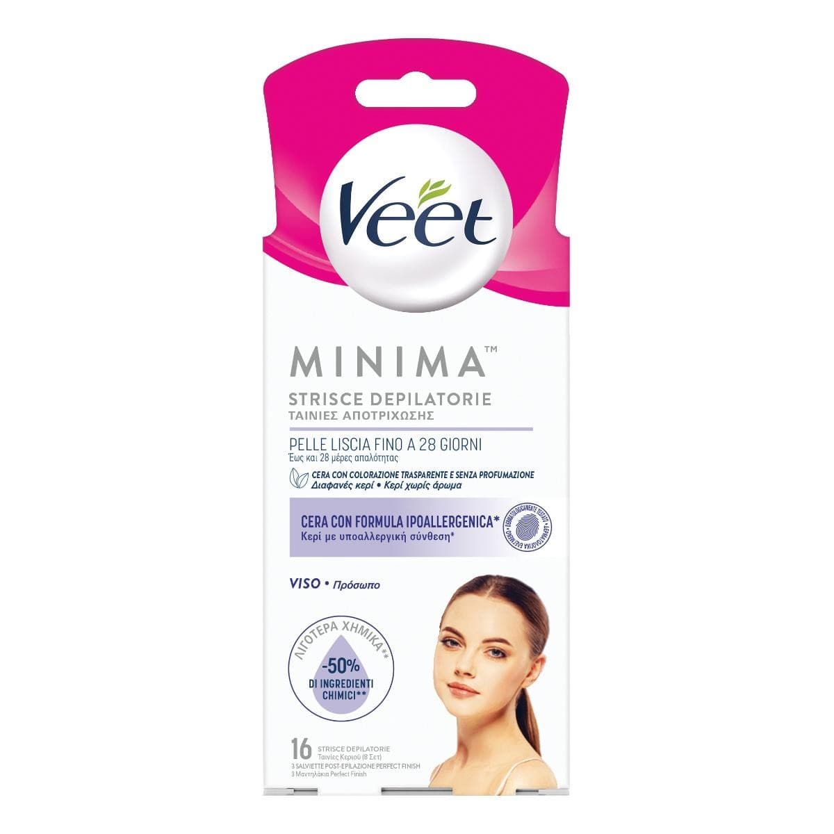 Veet Minima - Strisce Depilatorie Viso Ipoallergeniche, 16 Strisce