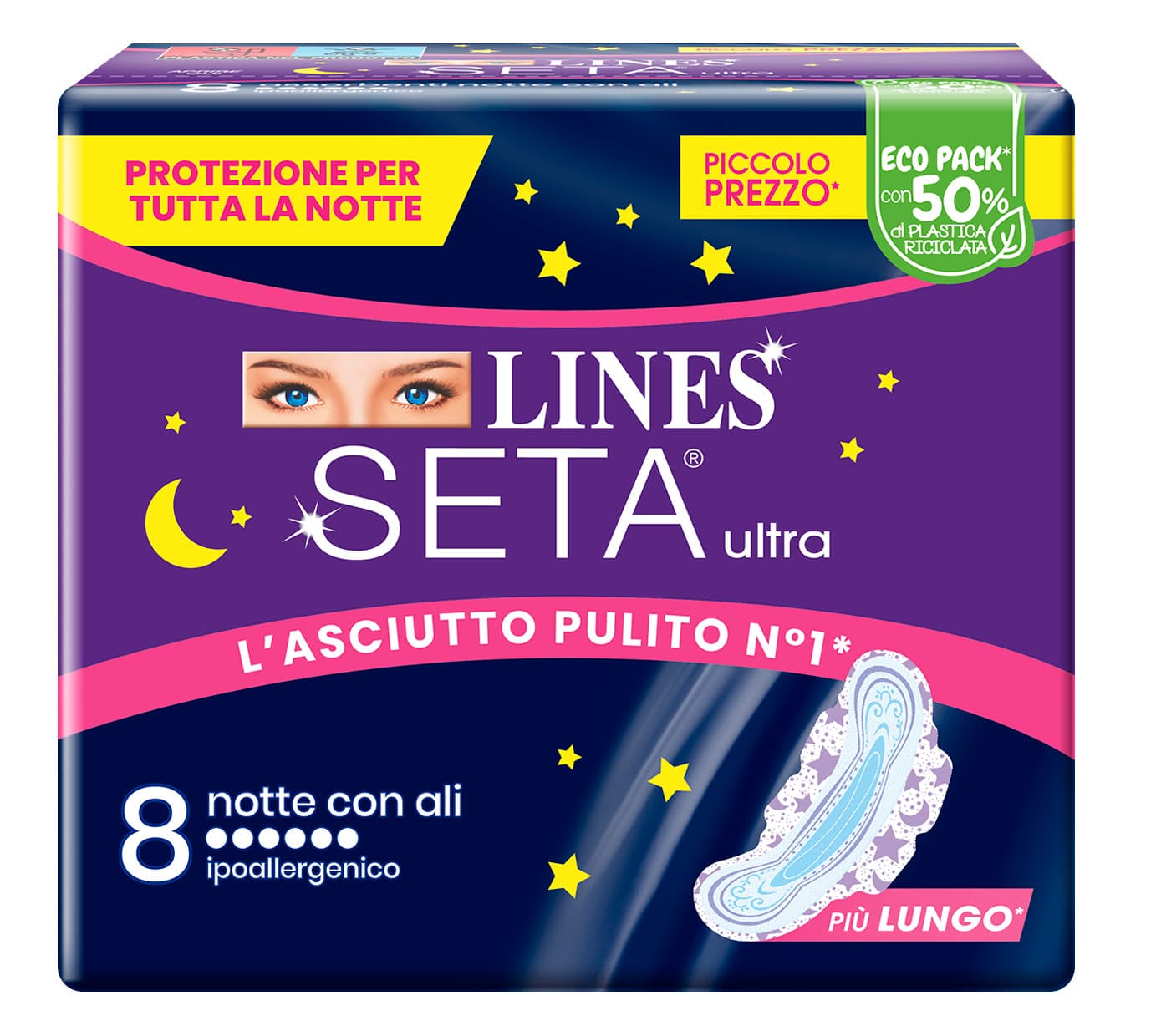 Lines Seta Ultra Notte Assorbenti con Ali 8 Pezzi