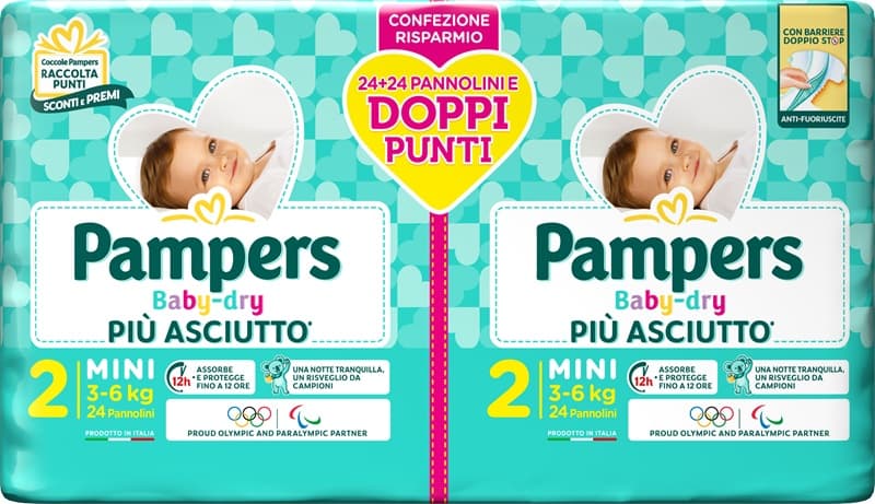 PAMPERS BABY DRY PIU' ASCIUTTO TAGLIA 2 MINI 3-6KG PACCO DOPPIO 48 PANNOLINI