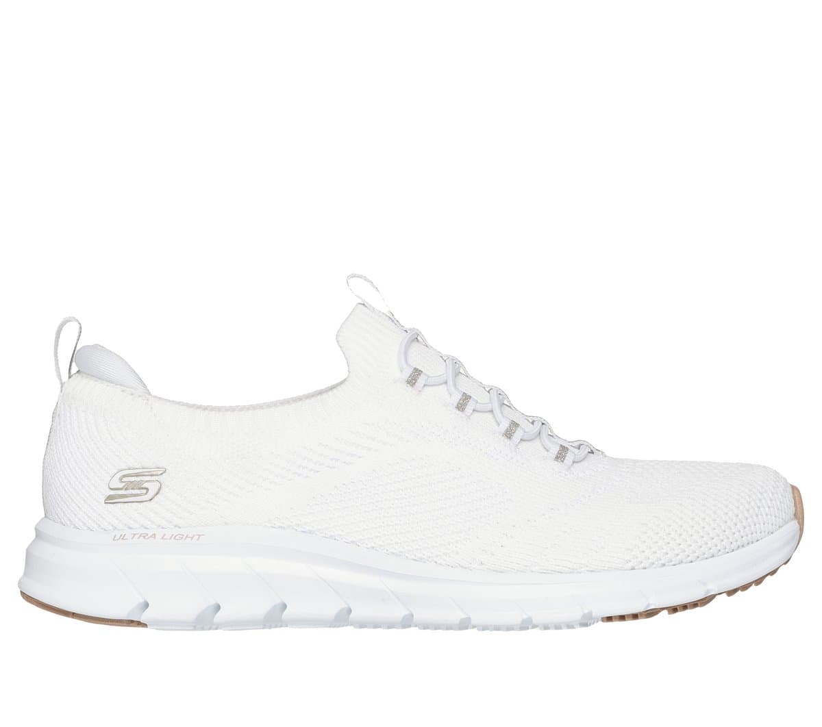 Skechers Donna Pure Flex - Poised Sneaker in Bianco/Oro, Taglia 35, Vegan, Lavabile in lavatrice