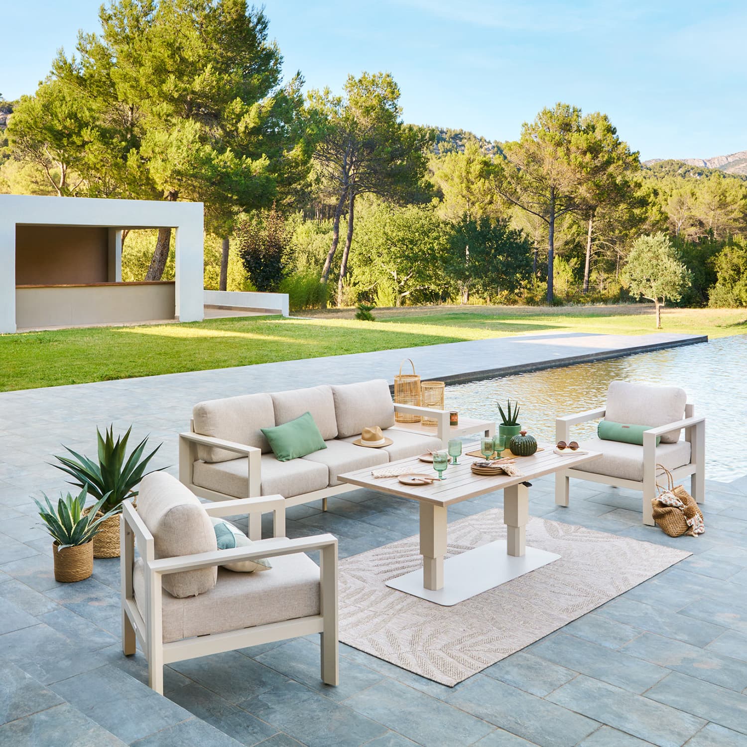 Salottino giardino divano 3 posti, poltrone e tavolino Evasion beige