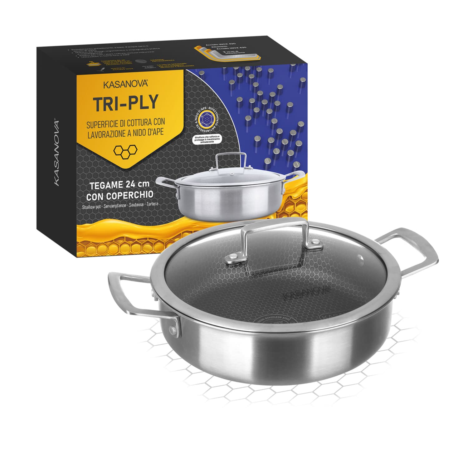 Tegame 24 cm con coperchio a 3 strati Tri - ply