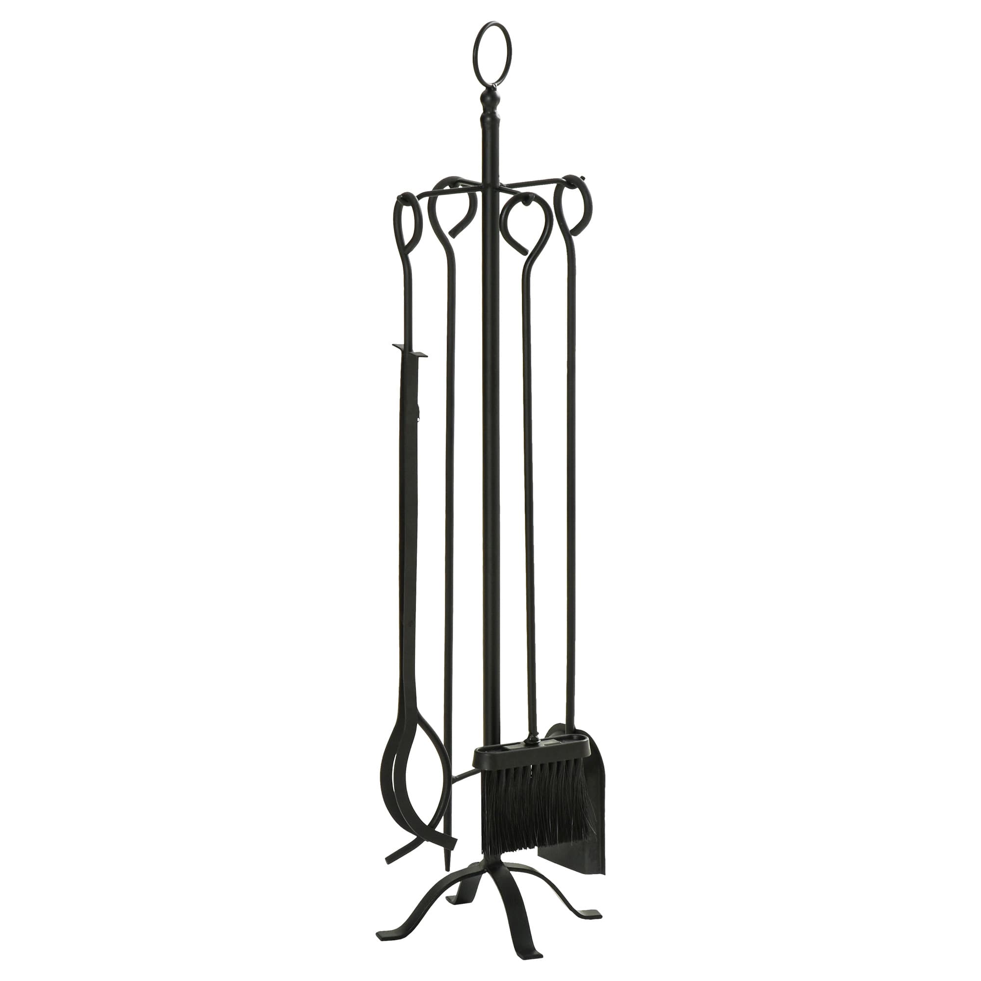 Outsunny Set Attrezzi per Camino 5 Pezzi, Base con Attizzatoio, Pinza, Paletta e Scopa in Metallo, 20x20x82.5cm, Nero