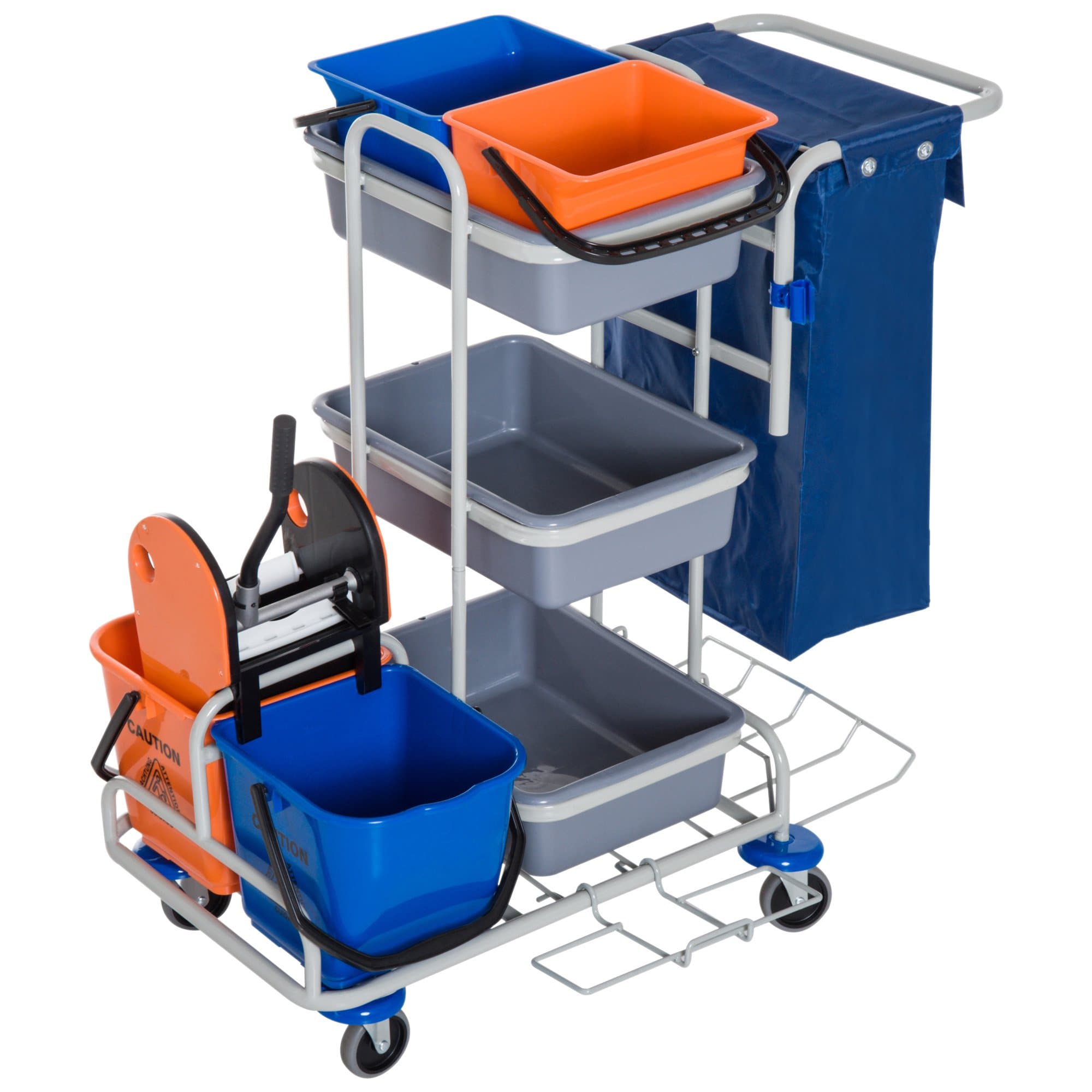 HOMCOM Carrello Pulizie Professionale con 4 Secchi 18l/6l, Sacco Spazzatura Impermeabile, Blu e Arancione 100x70x103cm