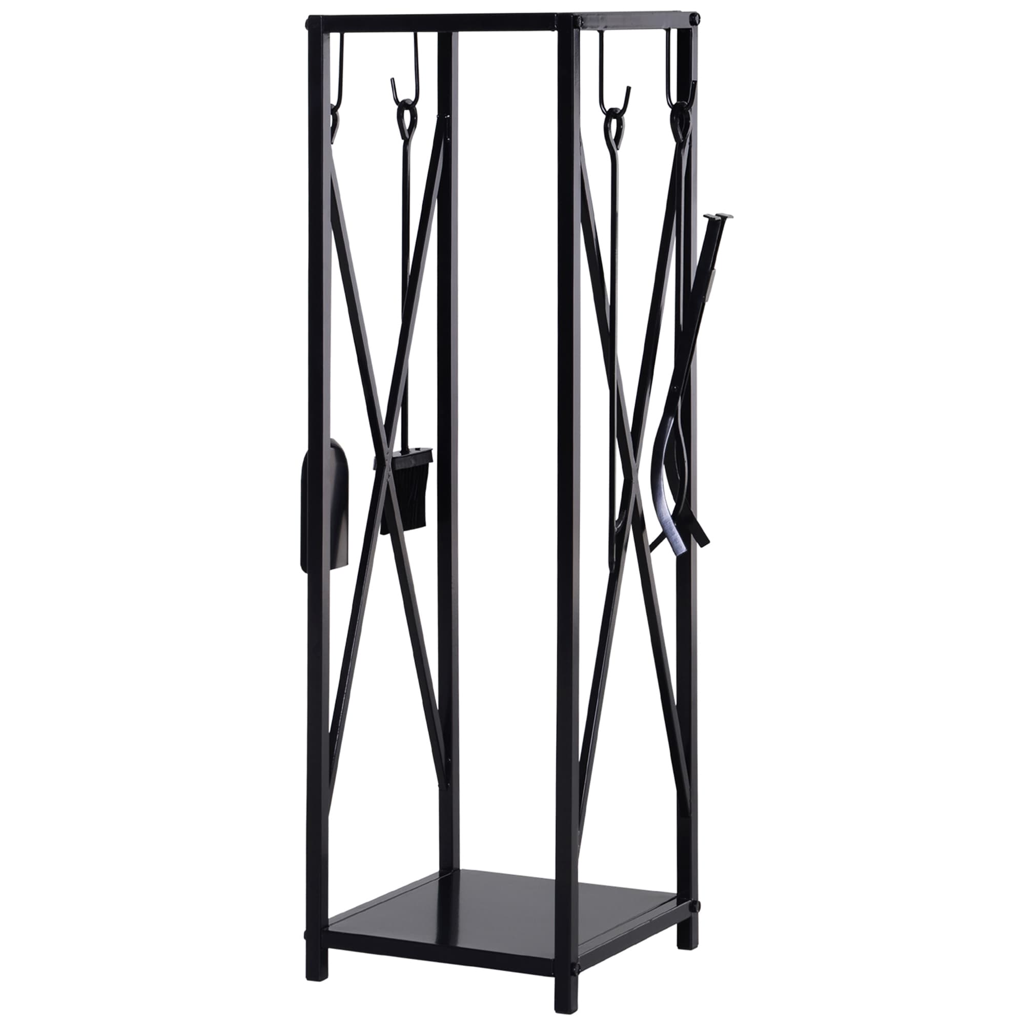 Outsunny Portalegna da Interno ed Esterno Salvaspazio in Metallo con Paletta, Scopino, Attizzatoio e Pinza, 34x34x111cm, Nero