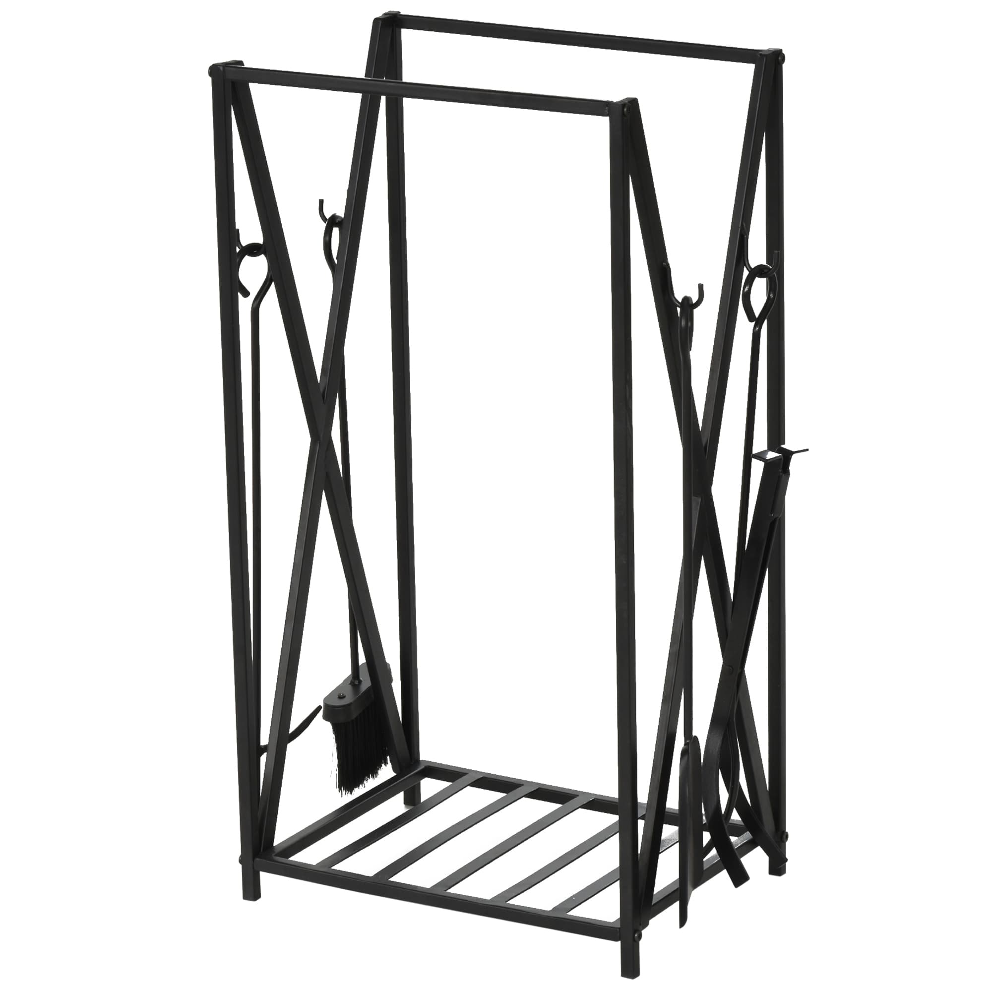 HOMCOM Portalegna da Interno ed Esterno in Acciaio, Porta Legna per Camino con Attizzatoio Paletta Scopino Pinza 46x30x76cm Nero