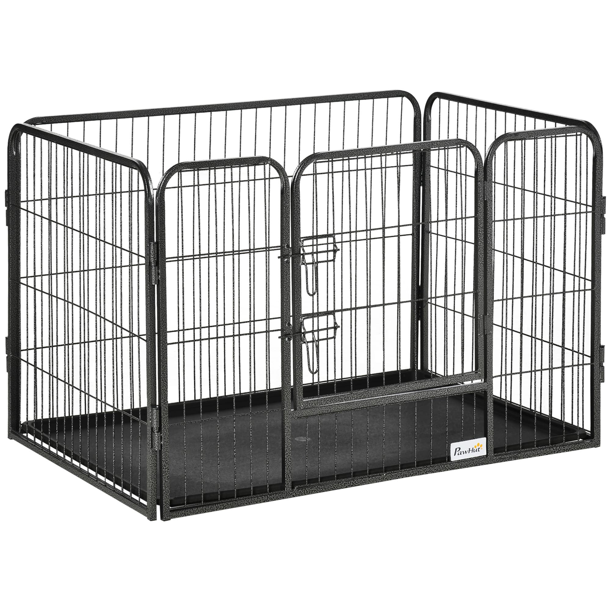PawHut Box per Cani Recinzione in Metallo per Animali con 4 Pannelli, Porta con Doppio Blocco e Vassoio sul Fondo, 125x78x80cm, Grigio