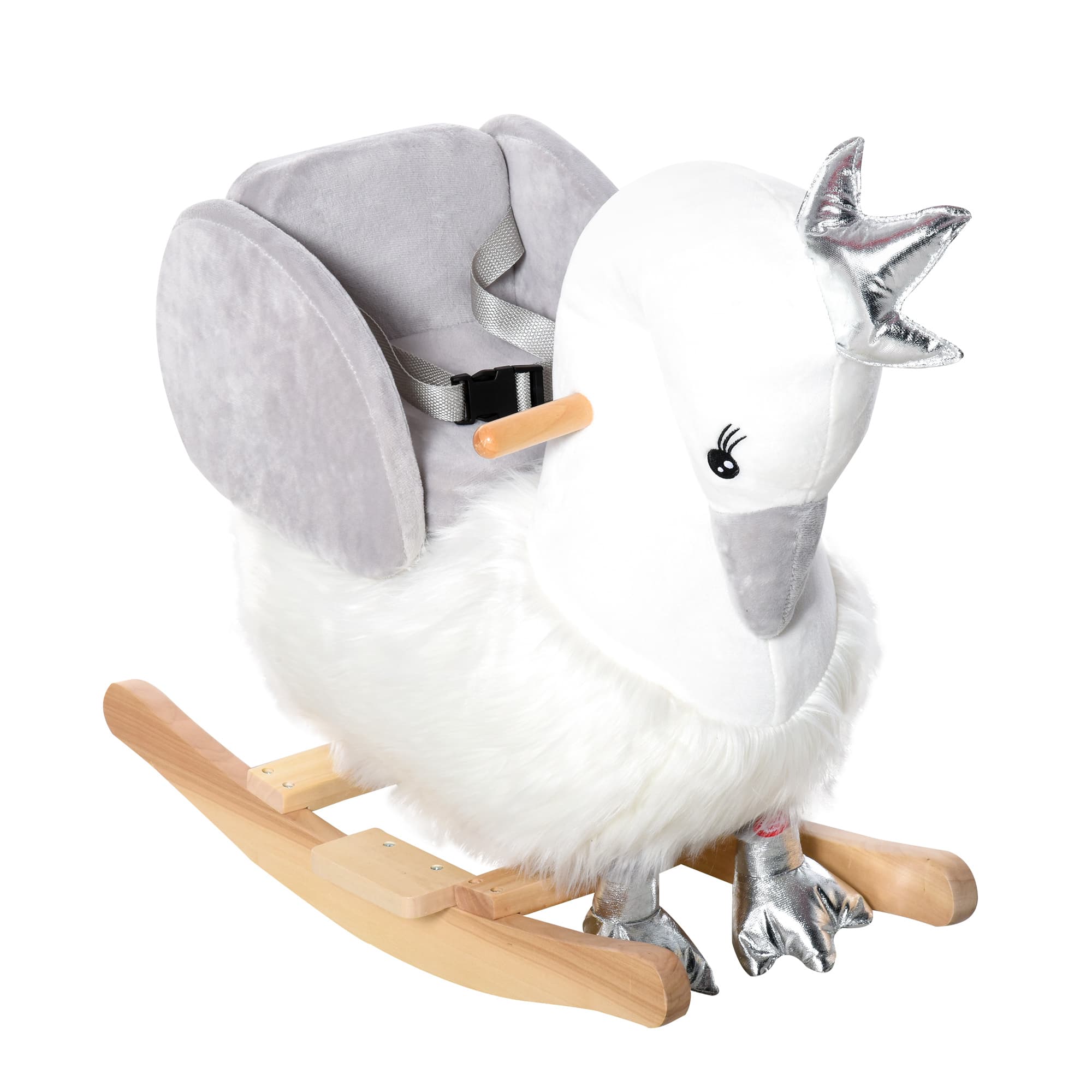 HOMCOM Cavallo a dondolo stile cigno seduta imbottita con suono 3 LR44 batterie per bambini 18-36 mesi bainco grigio Max.carico 40kg