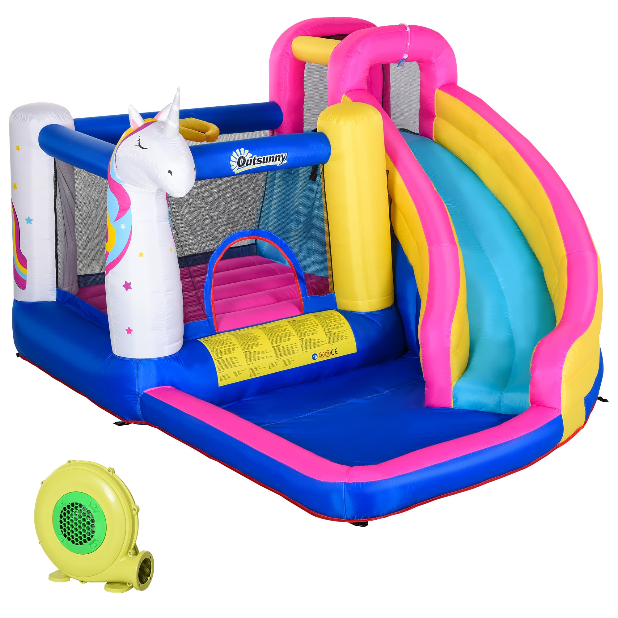 Outsunny Castello Casa Gioco Gonfiabile, Gigante e Rimbalzante per 3 Bambini con Scivolo, Piscina e Canestro da Basket