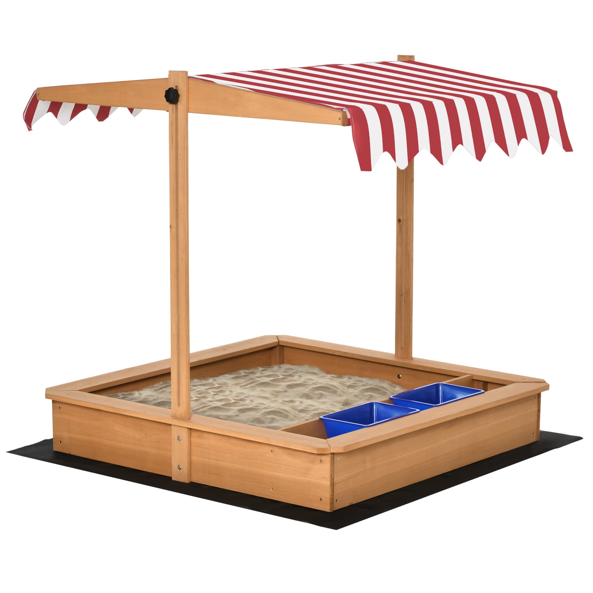 Outsunny Sabbiera per Bambini in Legno con Tettuccio Regolabile in Altezza, Gioco da Giardino con Sedute sui Bordi e Vaschette, 107.5x107.5x110cm