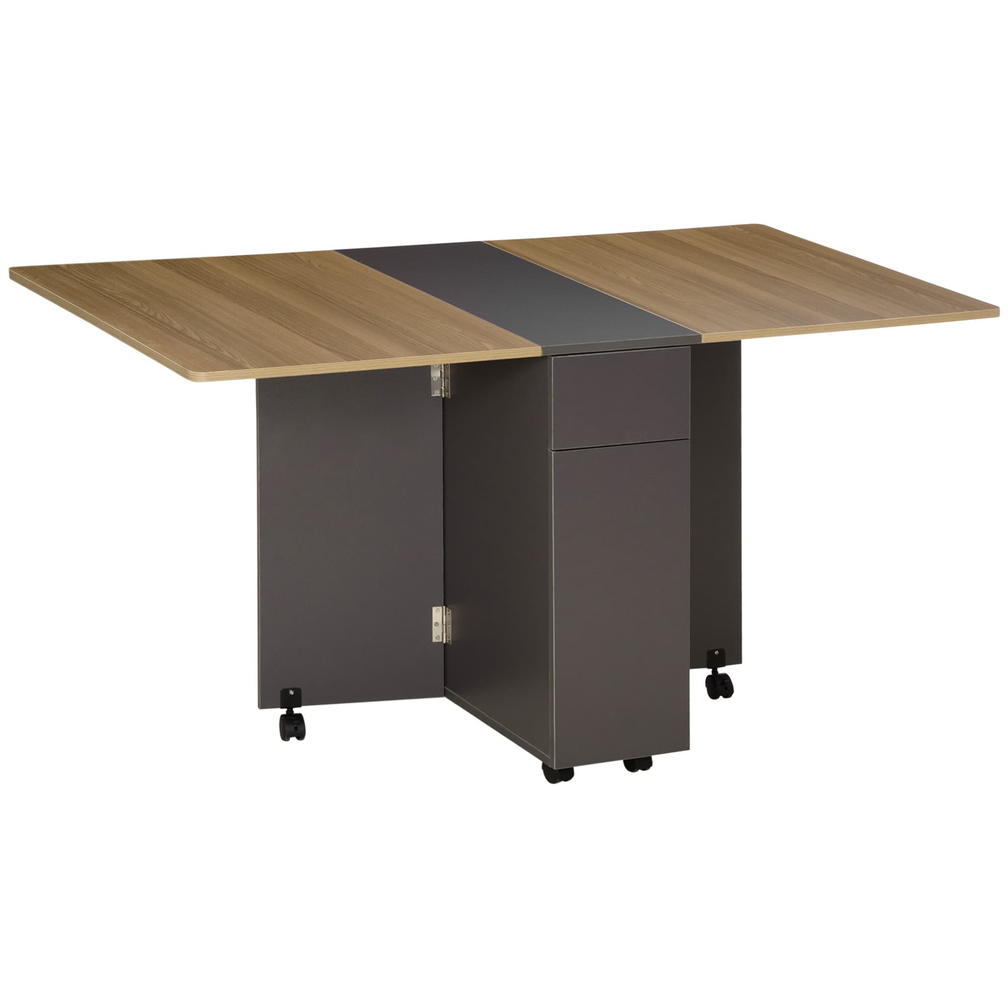 HOMCOM Tavolo Pieghevole Rettangolare da Pranzo in Truciolato con 2 Cassetti, un Armadietto e 6 Ruote, max. 6 Persone, 140x76x74cm, Color Legno