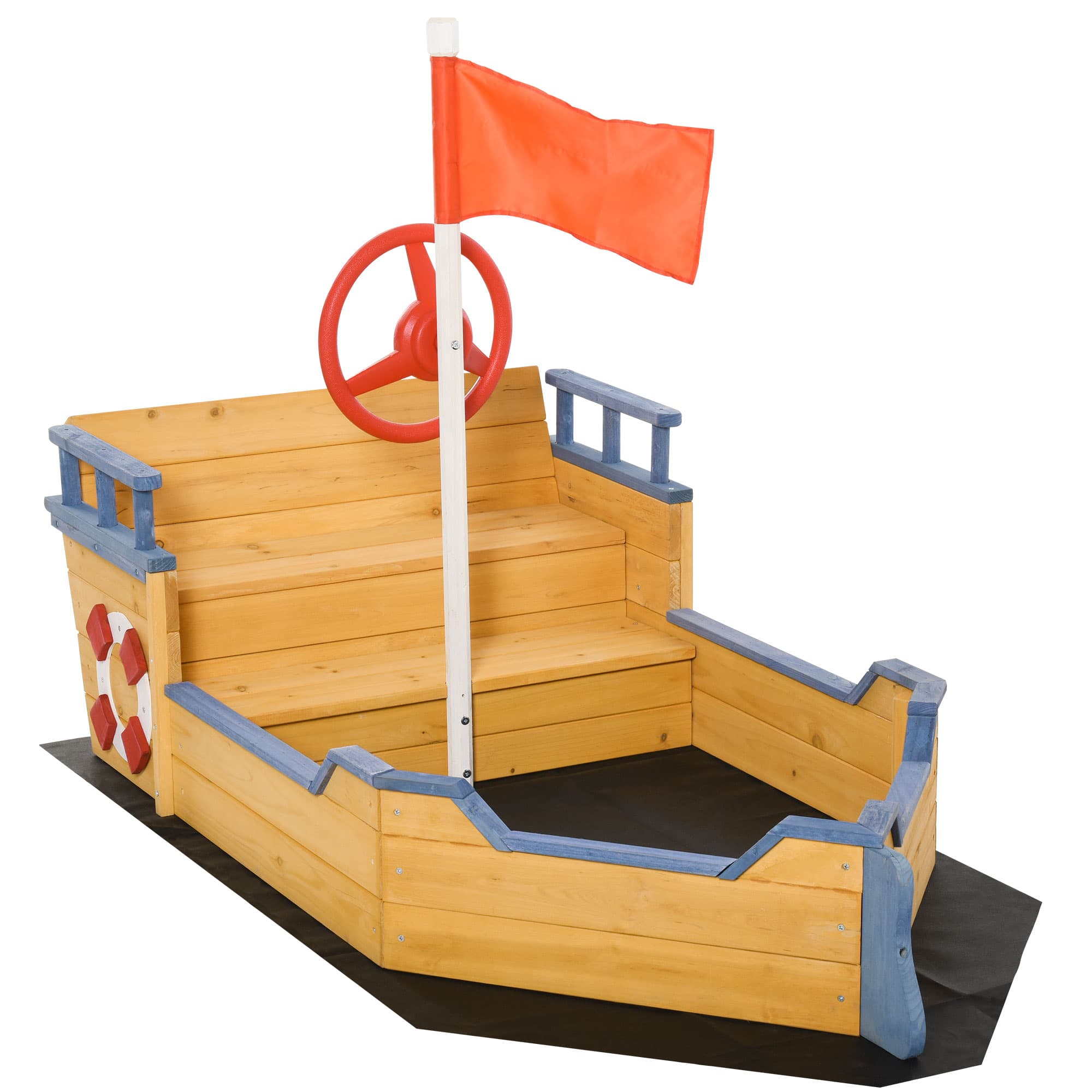 Outsunny Sabbiera per Bambini in Legno a Forma di Nave dei Pirati con Vano Contenitore, Gioco da Giardino 158x78x45.5cm