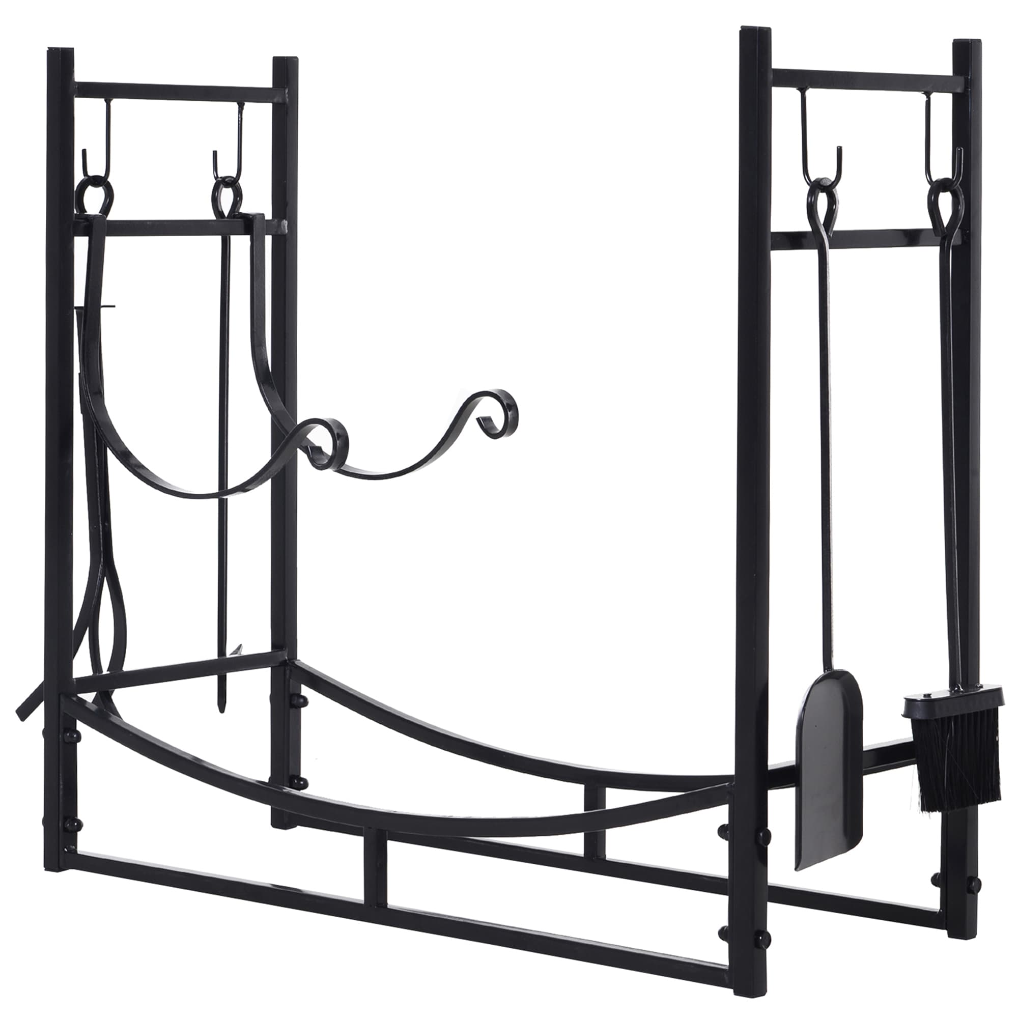 Outsunny Portalegna da Interno ed Esterno in Metallo con Paletta, Scopa, Attizzatoio e Pinza, Nero, 84x33x76cm