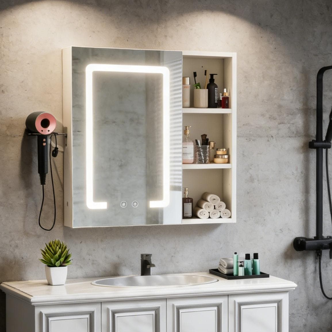 Mobile da Bagno Specchio Armadietto Portaoggetti da Parete Armadio Touch Luce LED Regolabile per Salone Antiappannante Arredamento Stretto Minimalista