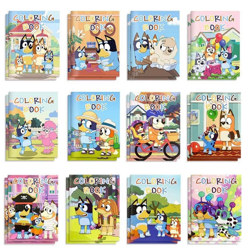 12 Stili Bluey Bingo Figura Anime Libro da Colorare per Bambini Puzzle Cartoon Fai da Te Libro da Pittura Graffiti Regalo per Bambini