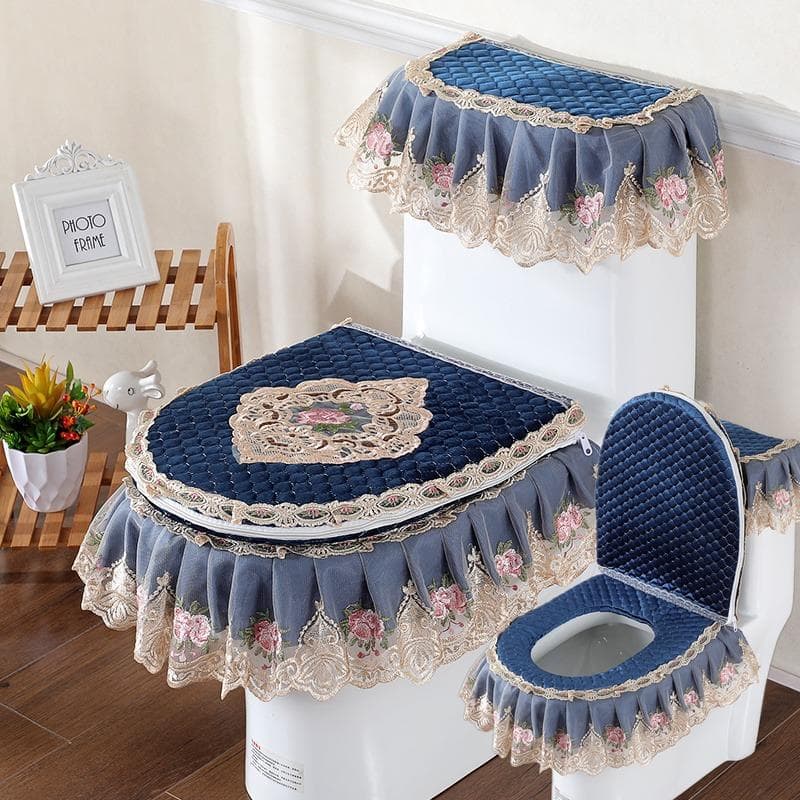 3 pz/set Ricamo In Pizzo Staccabile Copriwater Panno Antipolvere Morbido Sedile del Water Cuscino Ad Anello Decorazione Della Casa Copriwater