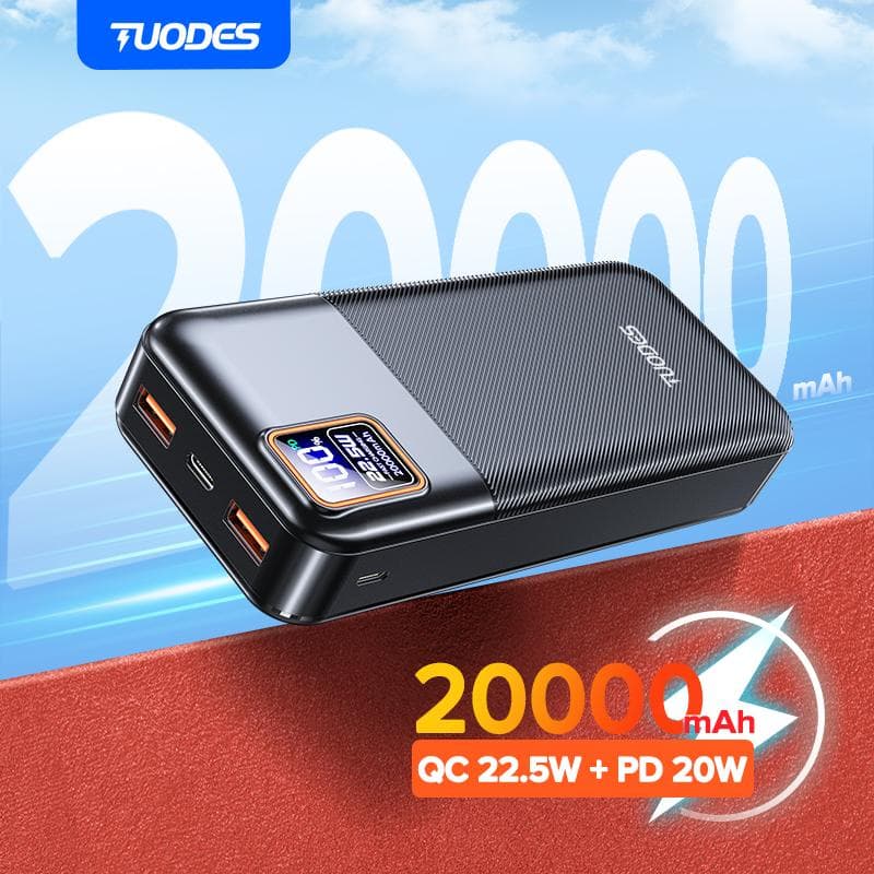 Tuodes Power Bank 20000mAh PD20W Batteria Esterna di Grande Capacità 22.5W Ricarica Rapida Caricabatterie Portatile Per iPhone Samsung Xiaomi nero