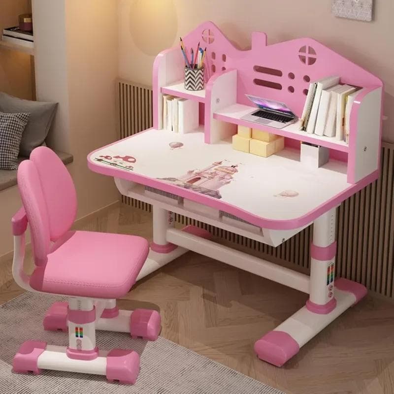 Set Sedia Scrivania per Bambini Desktop Allargato Multi Separazione Castello Cartone Animato Altezza Regolabile Tavolo da Studio con Set Sedia Cassett
