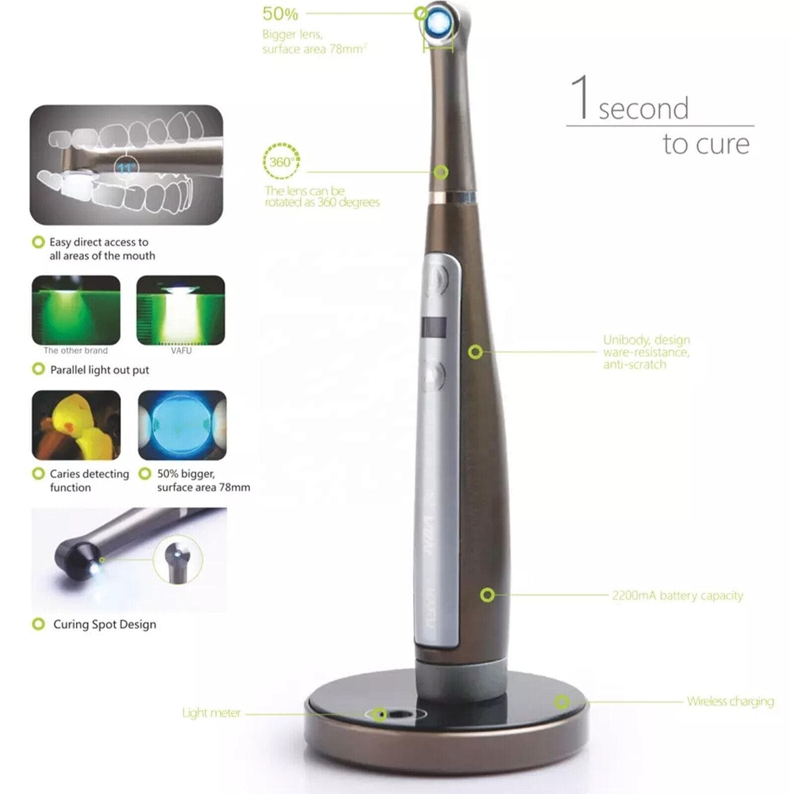 VRN VAFU Lampada Dentale Wireless 2500MW Luce LED Blu Lampada Luce LED Polimerizzante con Rilevatore di Carie marrone