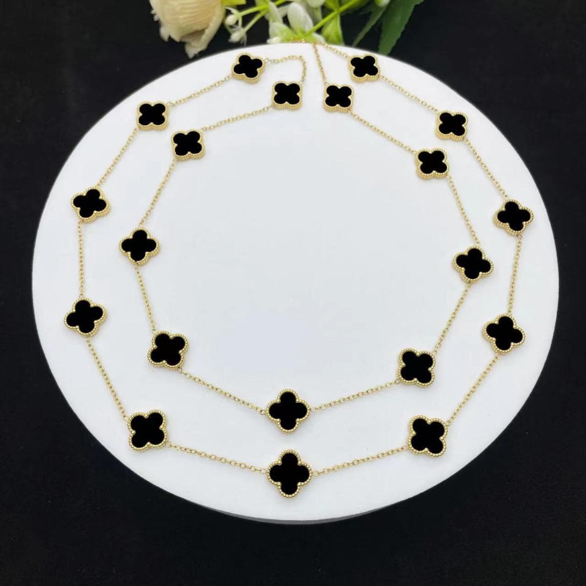 Collana con quadrifoglio portafortuna in oro 18 carati, lunghezza 90 cm, 20 fiori, catena per maglione in madreperla, collana di alta qualità da
