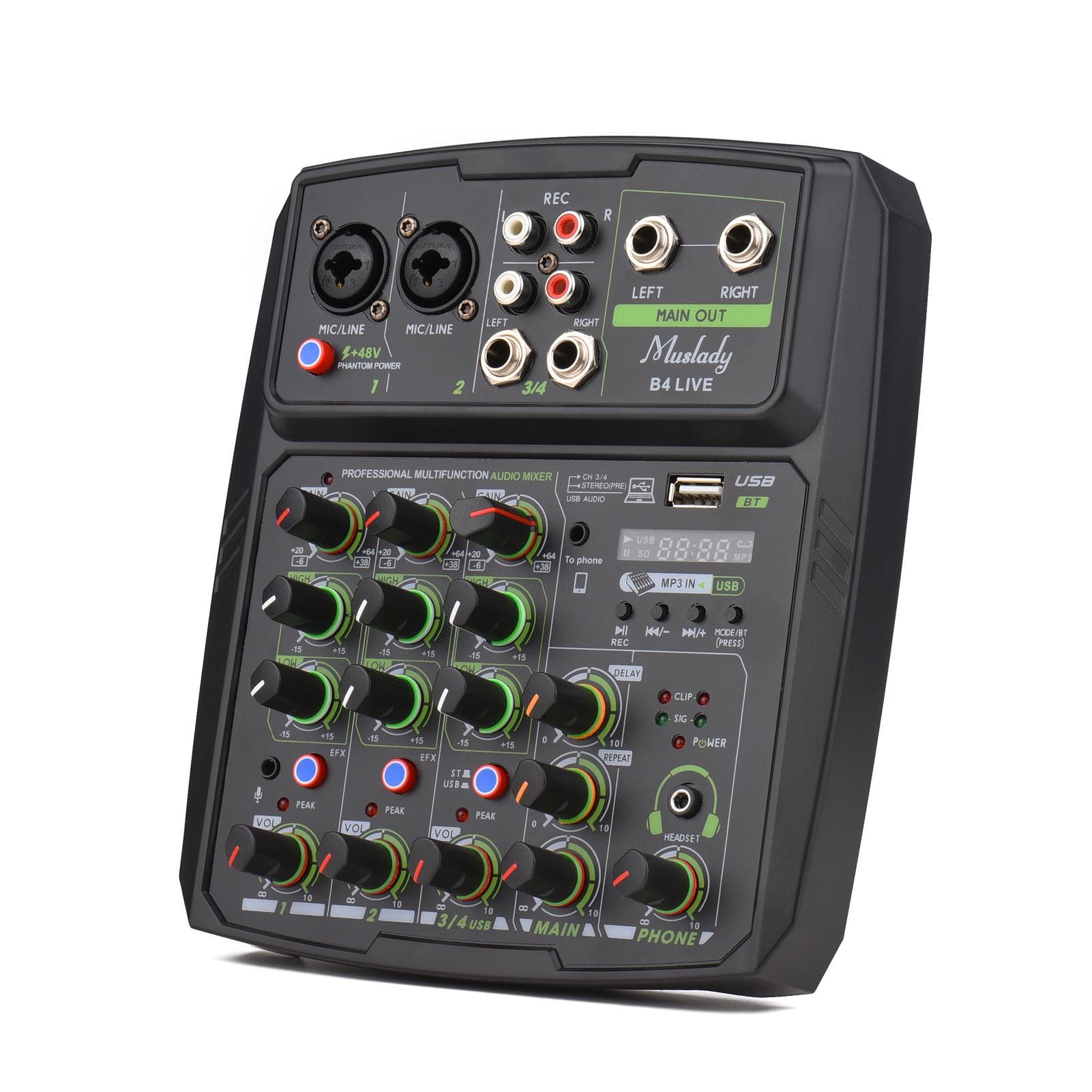Muslady Mixer audio a 4 canali Console di missaggio Schermo LED Scheda audio integrata Connessione USB BT con