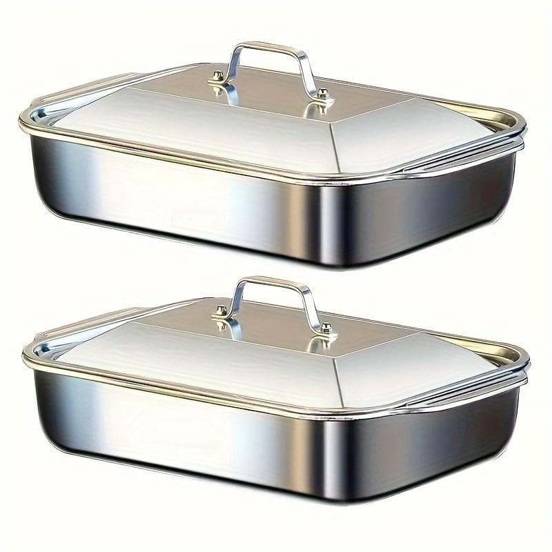 Teglia da arrosto in acciaio inossidabile con coperchio - teglia rettangolare antiaderente ispessita perfetta per barbecue, buffet, pesce alla griglia