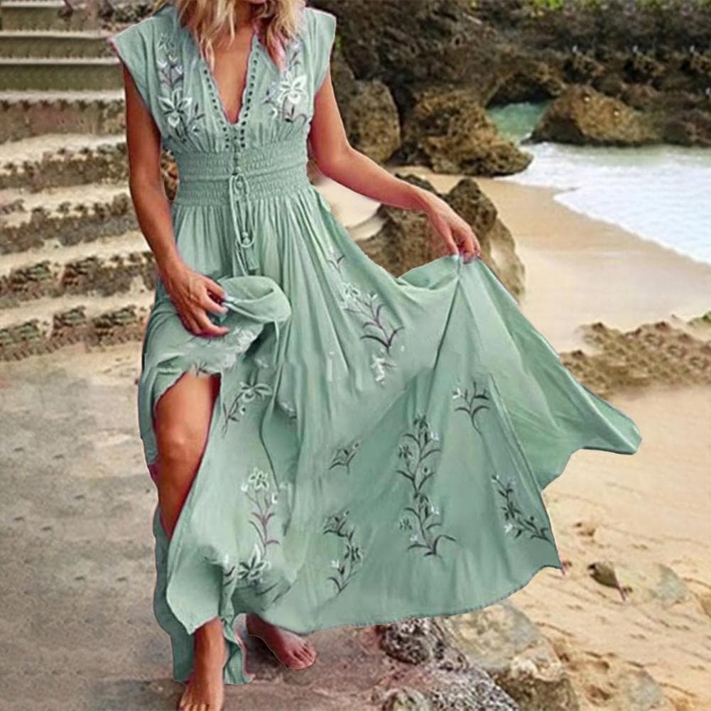 Abito lungo estivo da donna elegante vintage senza maniche con scollo a V stampa floreale abito lungo in poliestere con orlo largo per appuntamenti qu