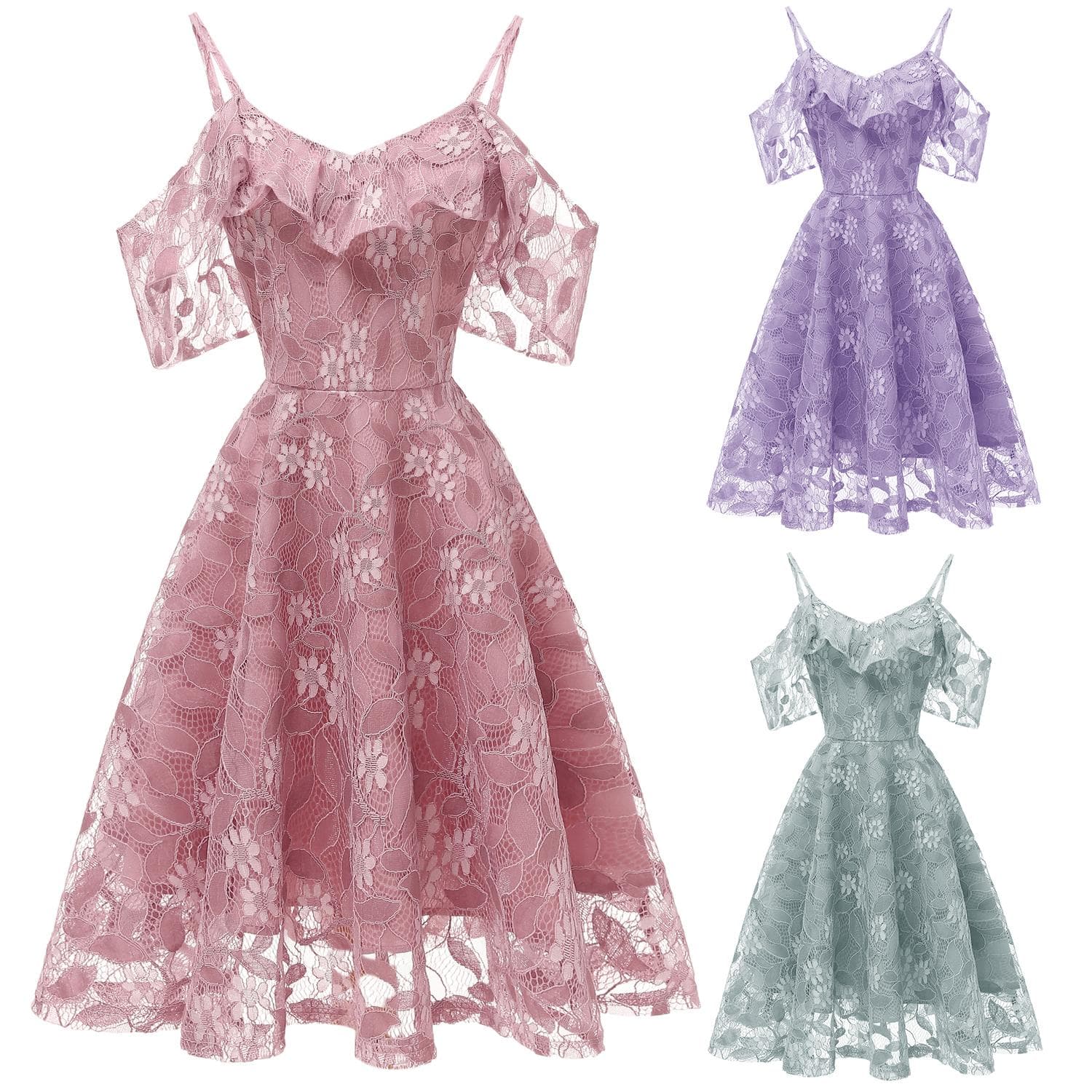 Bright Deer Abito da damigella d'onore midi con volant in pizzo floreale all'uncinetto da donna Spalle scoperte Abito da damigella d'onore da cerimoni