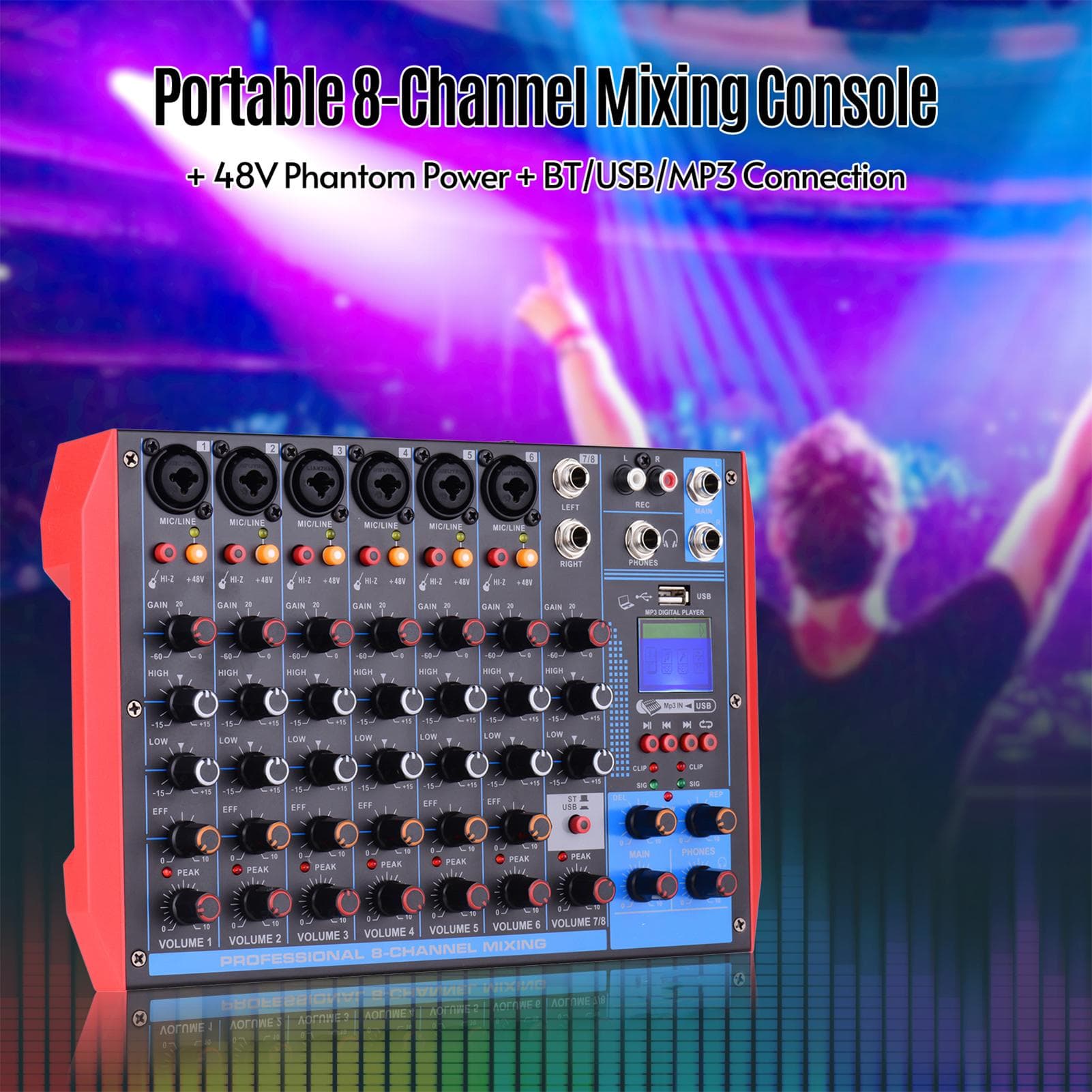 AG8 Console di missaggio portatile a 8 canali Mixer audio digitale + alimentazione Phantom 48V Supporta BT/USB/MP3