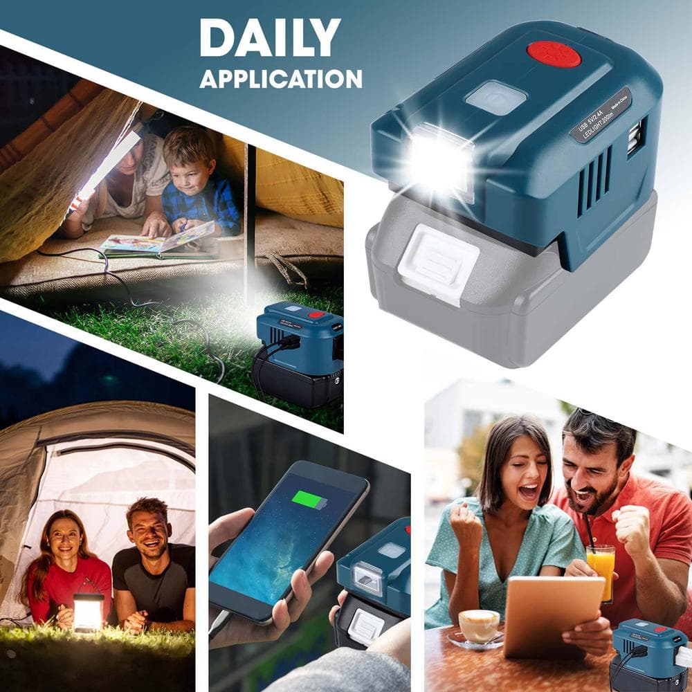 Generatore inverter per batteria al litio per utensili elettrici, fonte di alimentazione portatile, adattatore USB doppio con luce LED multicolore