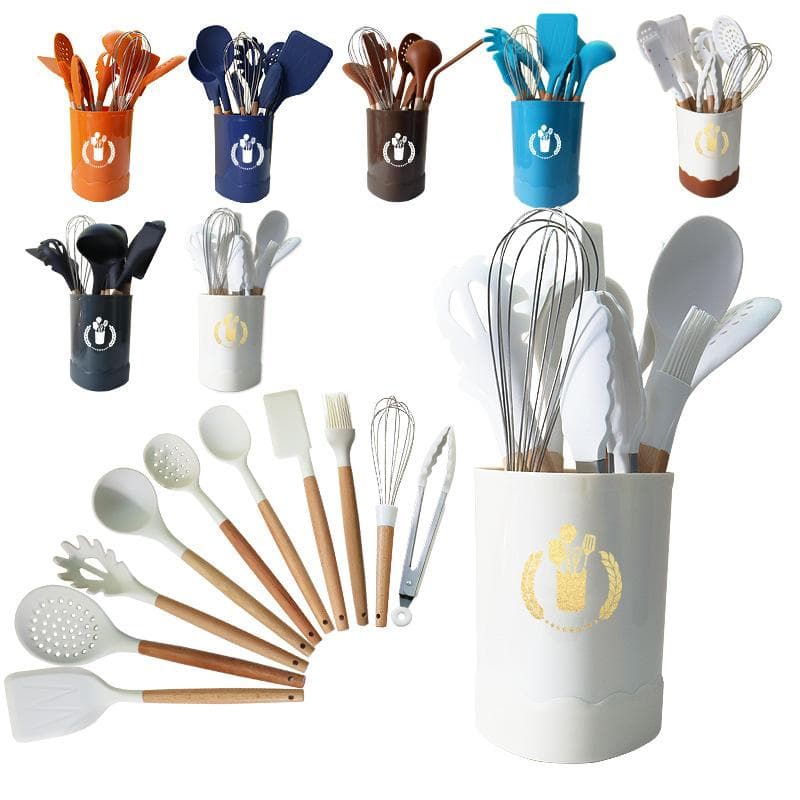 Set di Utensili da Cucina in Silicone con Manico in Legno da 11 Pezzi Spatola Cucchiaio Padella Antiaderente Resistente alle Alte Temperature Set di S