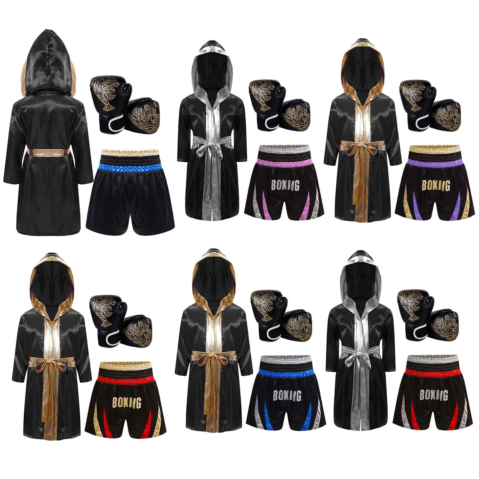 Set Attrezzatura da Boxe per Ragazzi: Vestaglia di Raso con Cintura e Bordi Metallici, Pantaloncini Color Block e Guanti da Allenamento con Stampa Tig