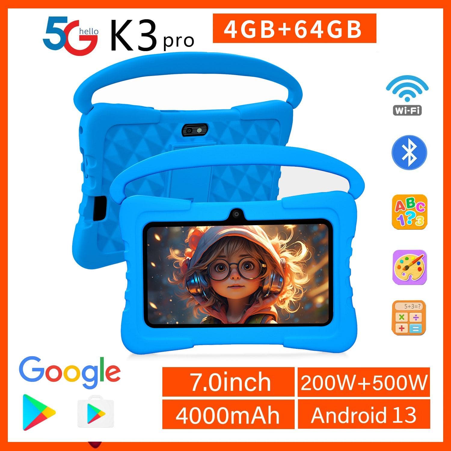 Tablet K3 per Bambini da 7 pollici BDF MeFeng WiFi 5G Android 13 Tablet PC per Apprendimento Educazione 64GB Giallo/Verde rosa