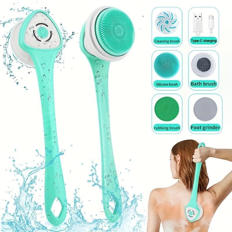 Set Spazzola Elettrica Ricaricabile 6-in-1 per Corpo Intero e Schiena - Alimentata via USB Manico Lungo Staccabile e Spazzola Esfoliante in Silicone v