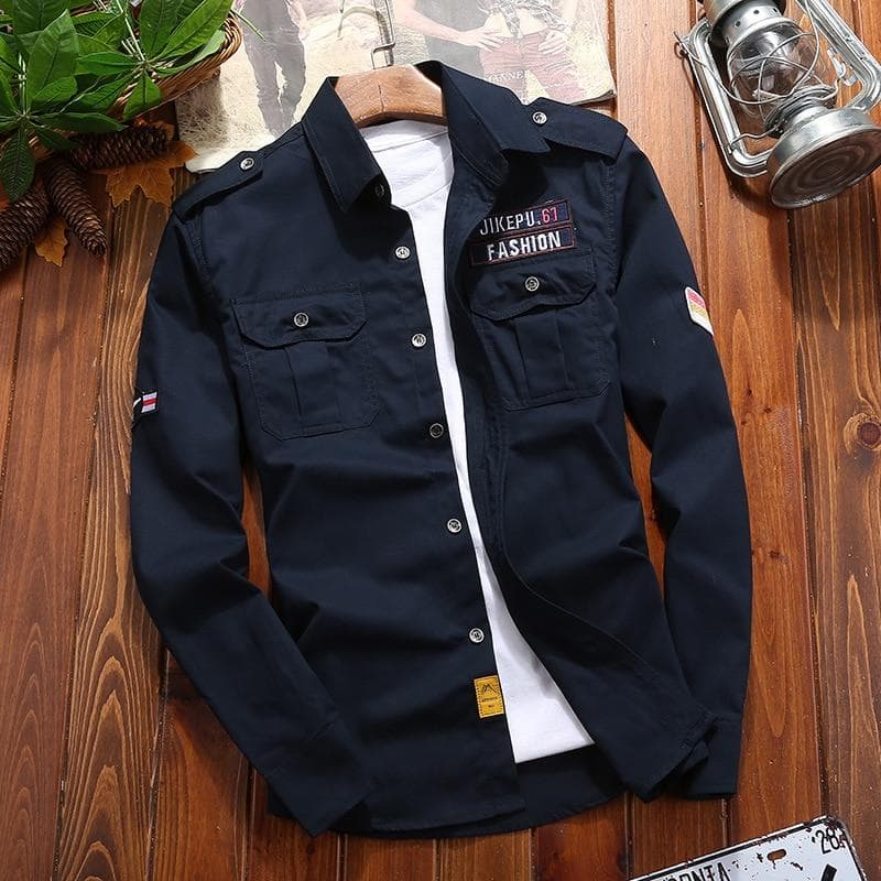 Camicie da uomo Camicia in cotone Cachi Casual retrò Slim Fit con tasca Manica lunga Giacca vintage Streetwear cm colore blu navy