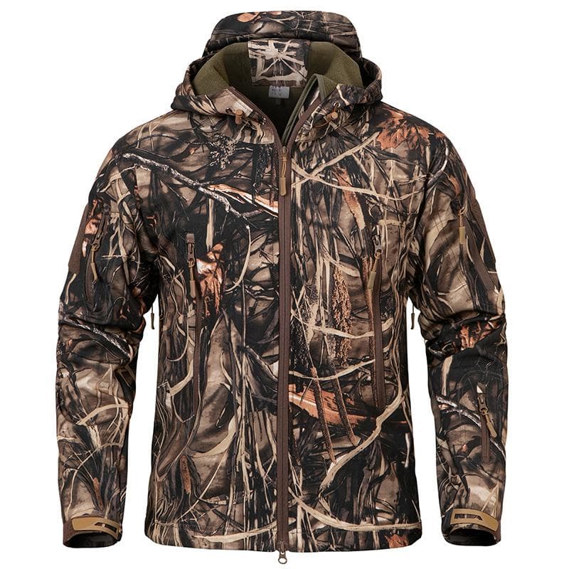 Giacca da caccia mimetica impermeabile Soft Shell da uomo Foderata in pile caldo con cappuccio Camo Caccia Abbigliamento Cappotto tattico militare Gia