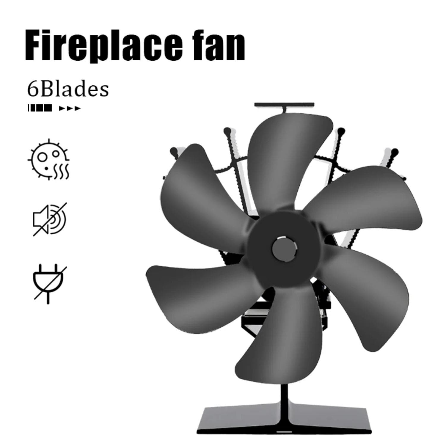 Ventilatore per stufa alimentato a calore Eco Quiet Nero 6 pale Bruciatore a legna Ventilatore per camino Riscaldatore invernale Distribuzione efficie