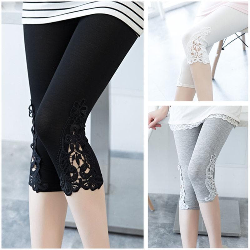Pantaloni skinny capri da donna corti in pizzo a metà polpaccio cm nero