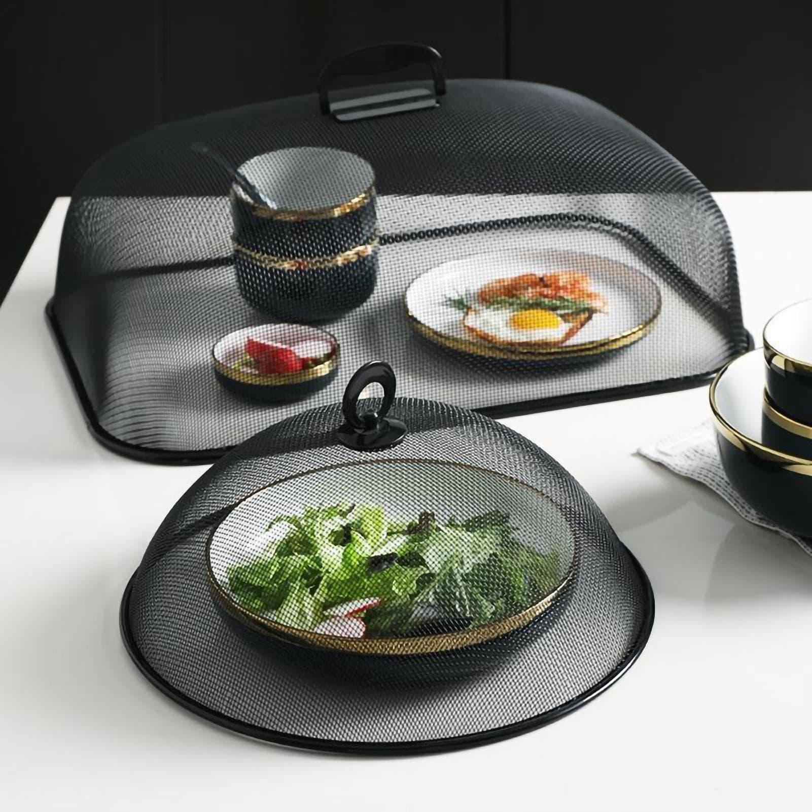 Copertura per alimenti in rete densa, design girevole a 180 gradi, semplice schermo per alimenti in ferro con maniglia per la casa nero