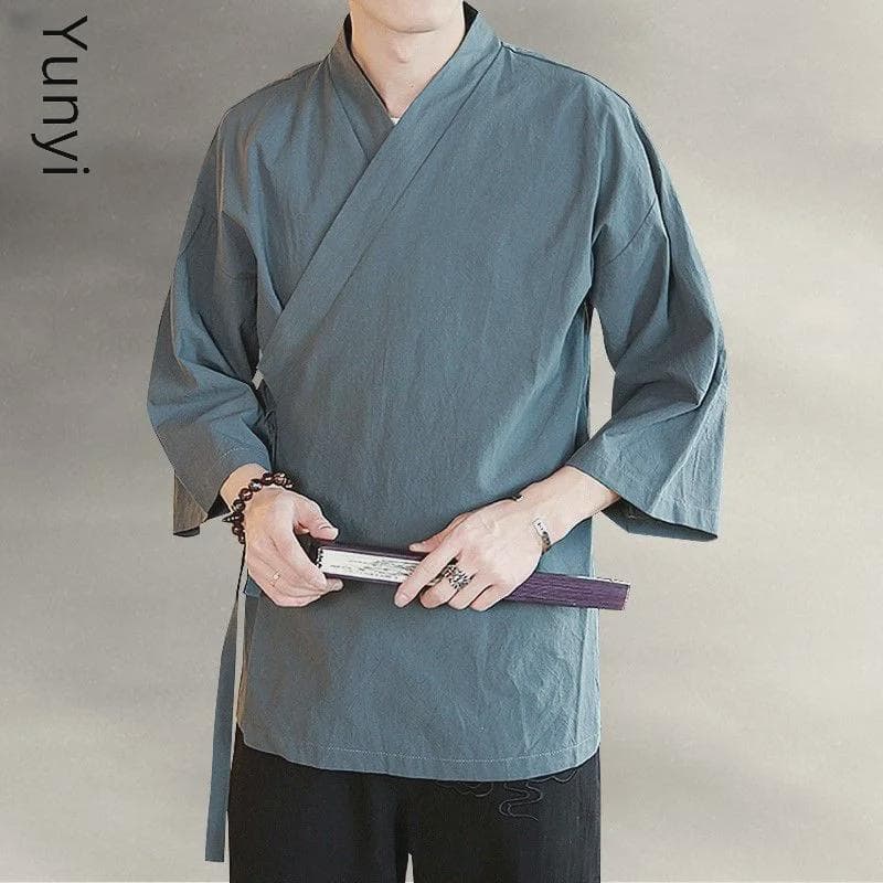 Abito Hanfu estivo da uomo Zen buddista - Colletto obliquo, Maniche a tre quarti, Cotone e lino, Giacca tradizionale cinese taoista cm nero
