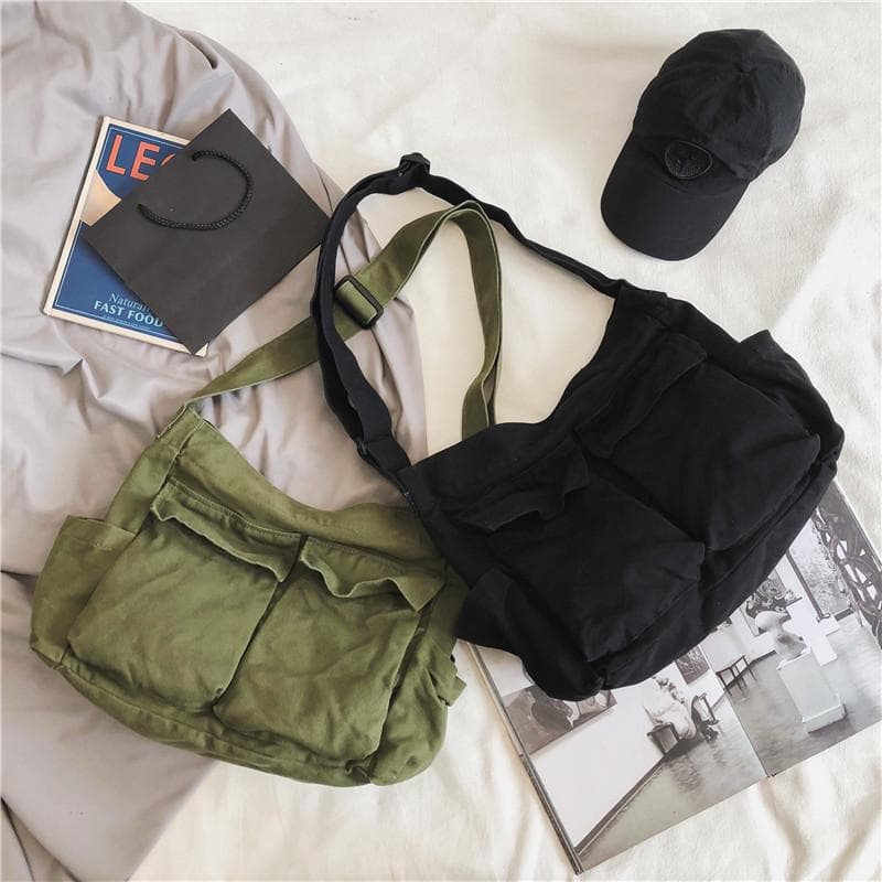 Borsa a tracolla messenger in tela di grande capacità - Stile workwear, Tempo libero letterario