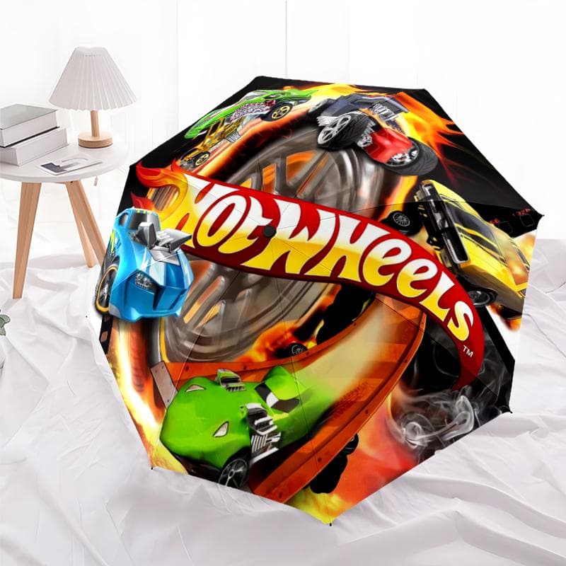1 Pezzo Ombrello Pieghevole Automatico - Fantasia Hot Wheels, Design Portatile e Pieghevole con 8 Stecche, Regali di Natale e Compleanno