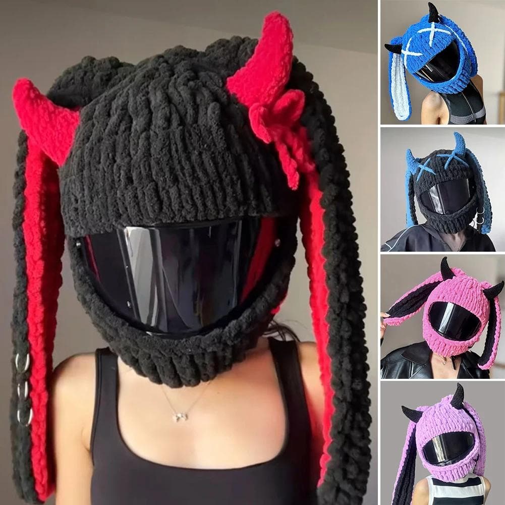 Copricapo Invernale per Casco da Moto con Corna del Diavolo alla Moda, Creativo Cartone Animato Lavorato a Maglia Motocross Integrale Protettivo Custo
