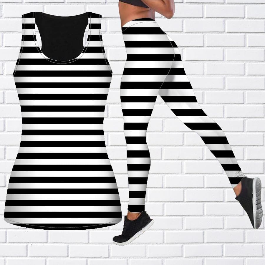 Completo da yoga con stampa a strisce nere per le donne, leggings da allenamento alla moda, pantaloni sportivi da yoga casual cm nero