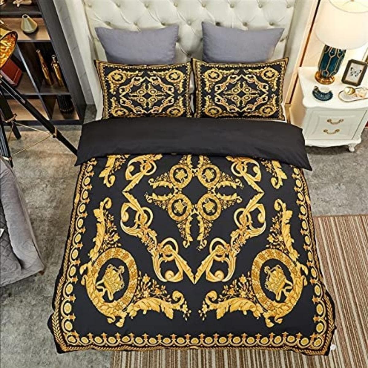 Set da letto barocco Stile europeo Nero Oro Lussuoso Copripiumino Federe 100% Poliestere Misura Matrimoniale Decorazione Casa Set da letto