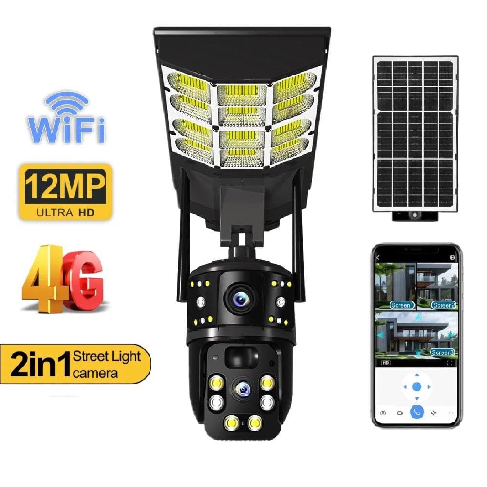 Lampione Solare Telecamera di Monitoraggio a Tre Schermi, Esterno Giorno e Notte a Colori Telecamera Wireless Remota da Telefono Cellulare nero